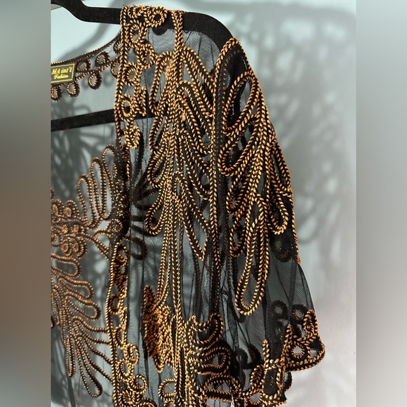 Sheer Open Front Special Occassion Cardigan with Gold/Black Embroidery - Picture 3 of 8